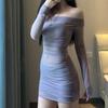 Pure Desire Temperament Long-sleeved One-word Shoulder Dress Women's Summer New Slim and Thin Mesh Sexy Hip Skirt Short Skirt