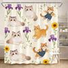 Cartoon Cat Shower Curtain 180x180cm – Whimsical Animal & Floral Design, Playful Bathroom Decor, 12 Hooks