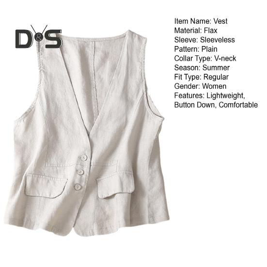 Women's Sleeveless Flax Vest Lightweight Summer Waistcoat with Button Down V Neck Vest Women Accessories