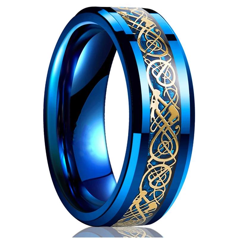 Fashion 8mm Men's Stainless Steel Celtic Dragon Ring Inlay Red Green Black Carbon Fiber Ring Wedding Band Charm Jewelry Gifts
