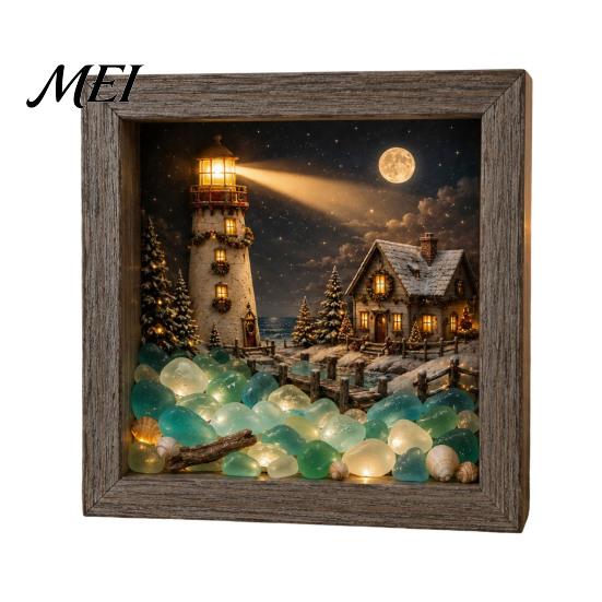 Wooden Landscape Ornament Christmas Snowy Night Light Picture Frame, Vintage Frame 3D Mini Lighted Shadow Box Lamp, Desktop Atmosphere Decor