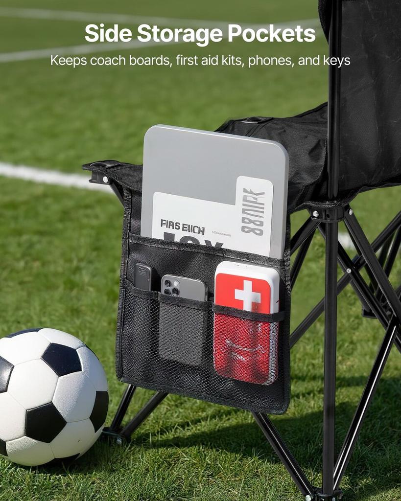 Portable Folding Bench, 4 Seat Foldable Soccer Bench with Side Pockets and Carrying Bag, Lightweight Sideline Seating with Back Rest for Football,