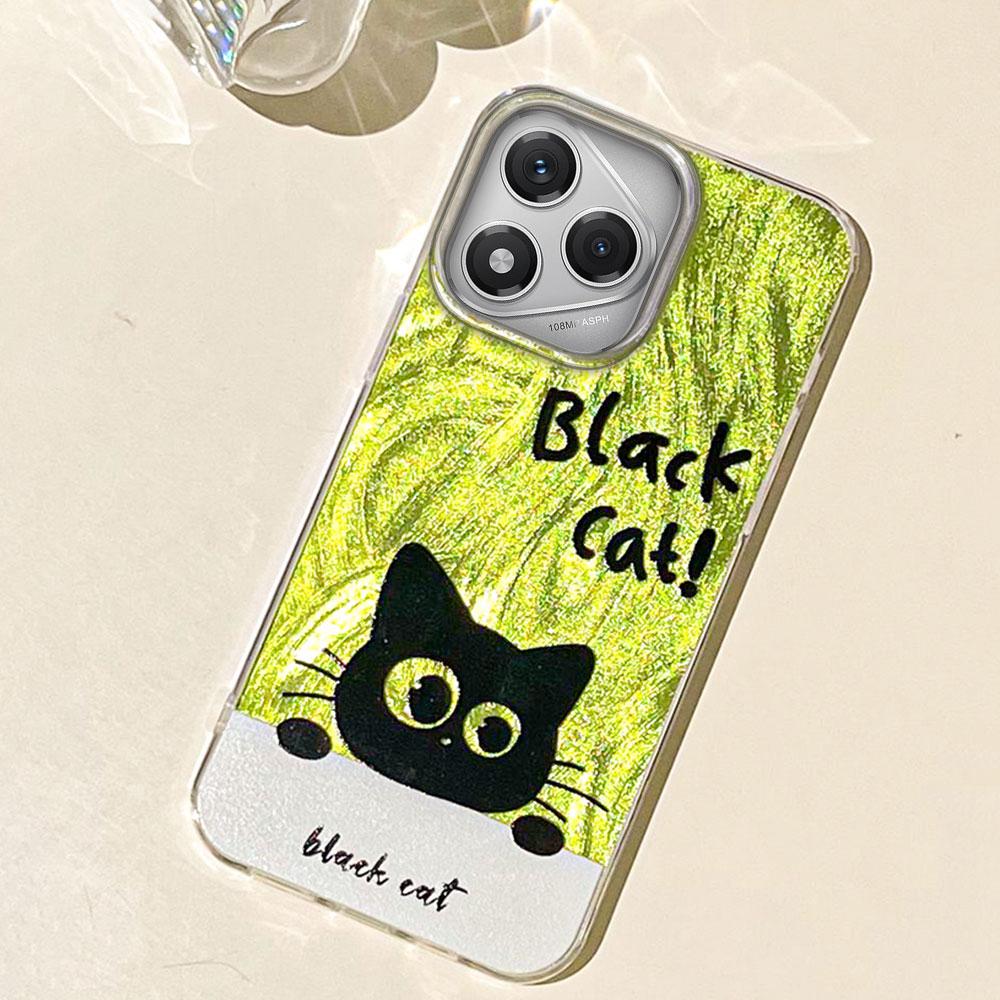Green Cartoon Black Cat Camlet Texture Phone Case for Honor 400 200 Pro Magic7 6 5 Lite X9a X9c X8b X8a X8c Silicone Shell Cover