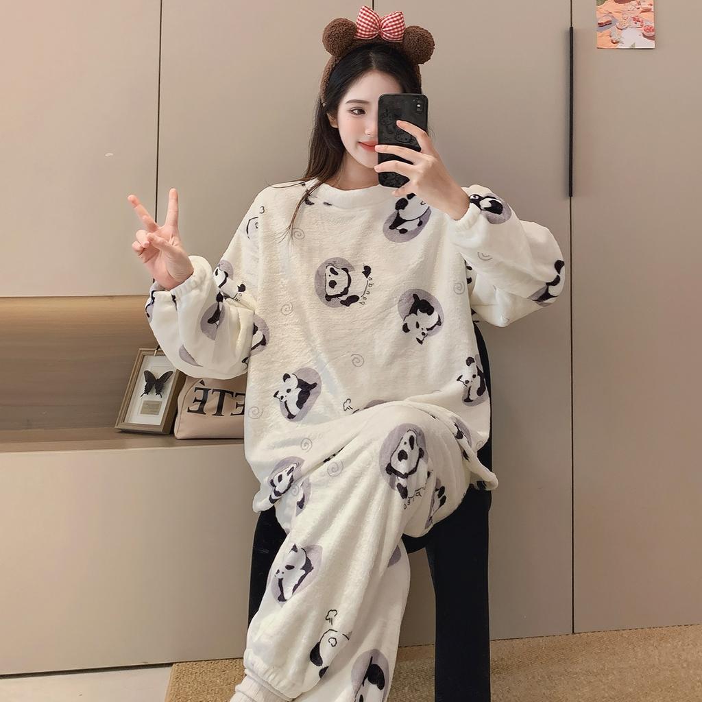 2025 new Autumn Winter cute Cartoon Pajamas Sets for Women Warm Thicken Pajama Long Sleepwear young Girl pyjamas Coral Fleece Homewear Clothes
