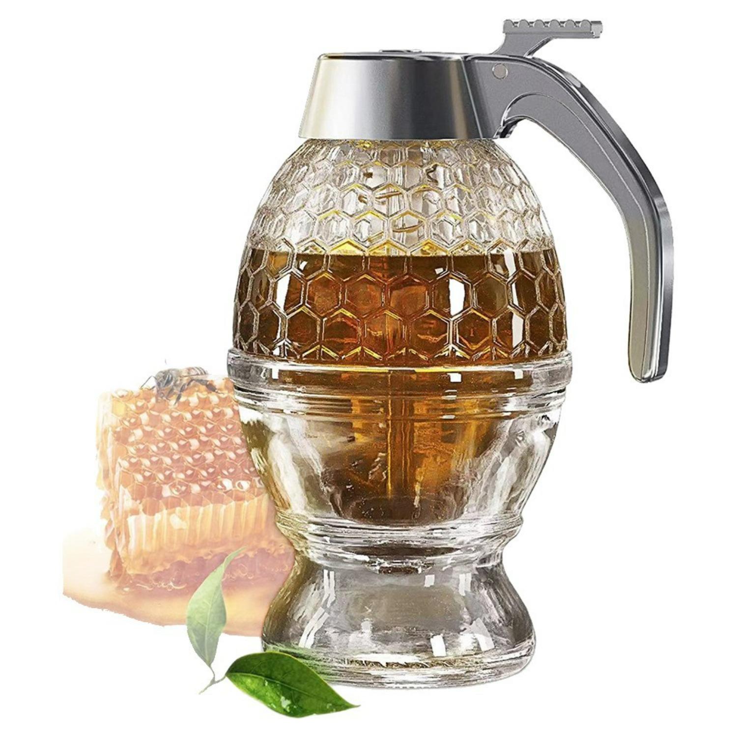 Honey Dispenser, 8oz Honey Dispenser No Drip Glass with Stand, Honey Container & Coffee Syrup Dispenser for Tea Time & Gifting,Elegant Honeycomb Honey H