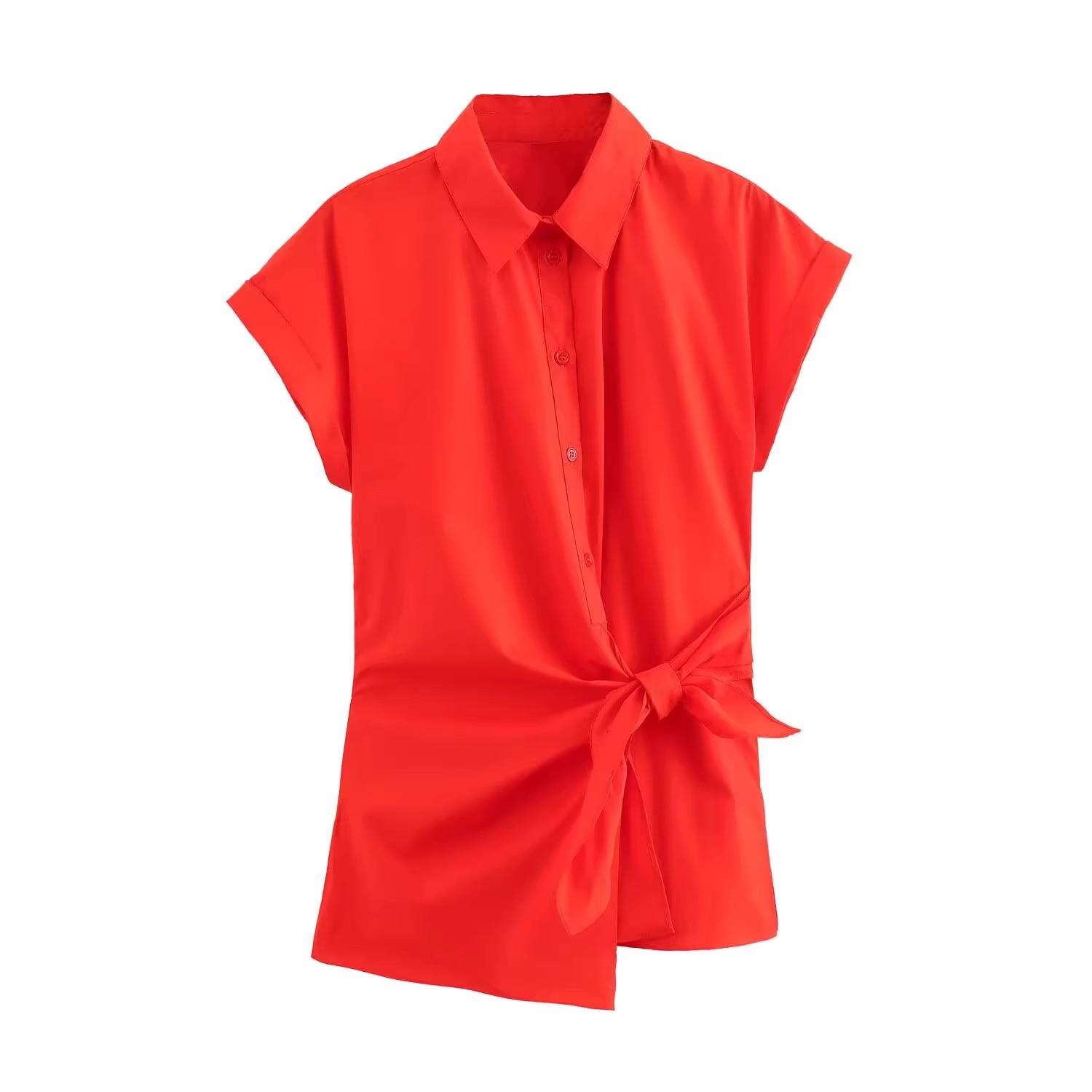 

Весна 2025 Женская Европейская и Американская Мода Рубашка из поплина с коротким рукавом и бантом L оранжевый