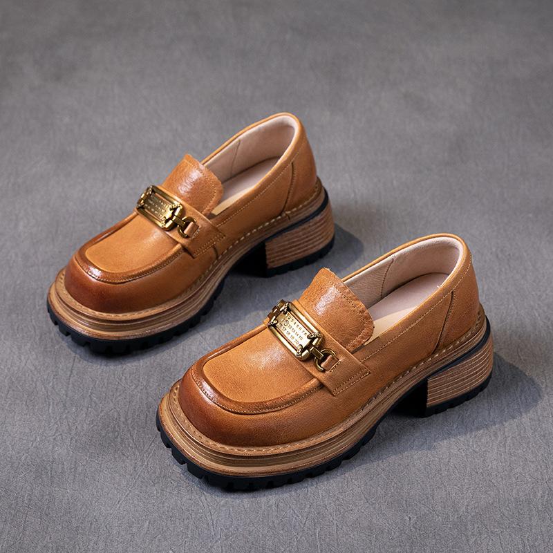 

[Heavy Industry] Women s first-layer cowhide small leather shoes 2025 autumn new leather retro horseshoe buckle loafers women 40