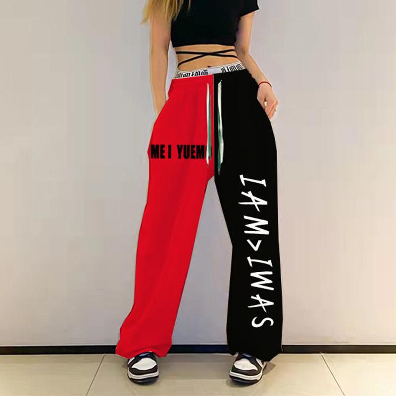 Spodnie dresowe damskie w stylu streetwear, patchworkowe, hiphopowe, luźne, swobodne, z nadrukiem w litery, hipsterskie