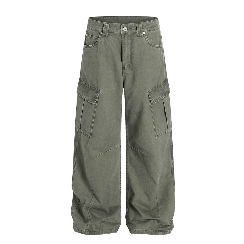 Kisko American Retro Washed Deconstructed Design Cargo Pants Unisex Trendy Loose Straight Casual Scimitar Pants