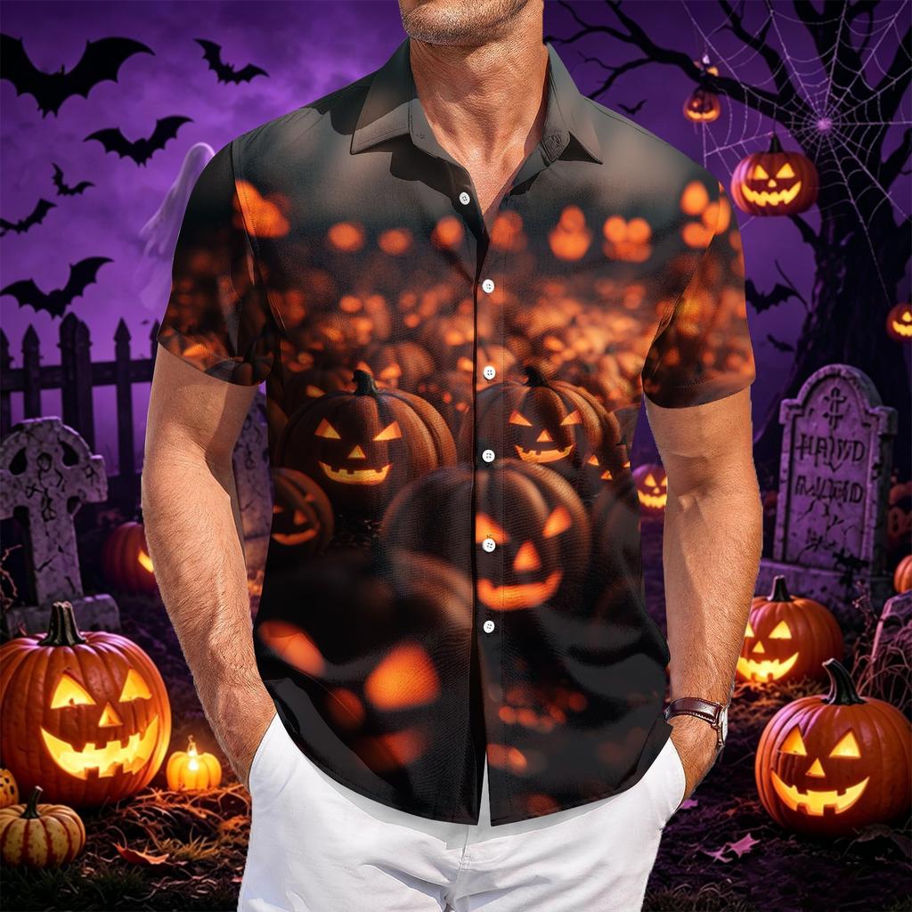 Men Short Sleeve Button Down Shirt with Halloween Themed Printed Design Casual Fit Lightweight Material Suitable for Daily Wear