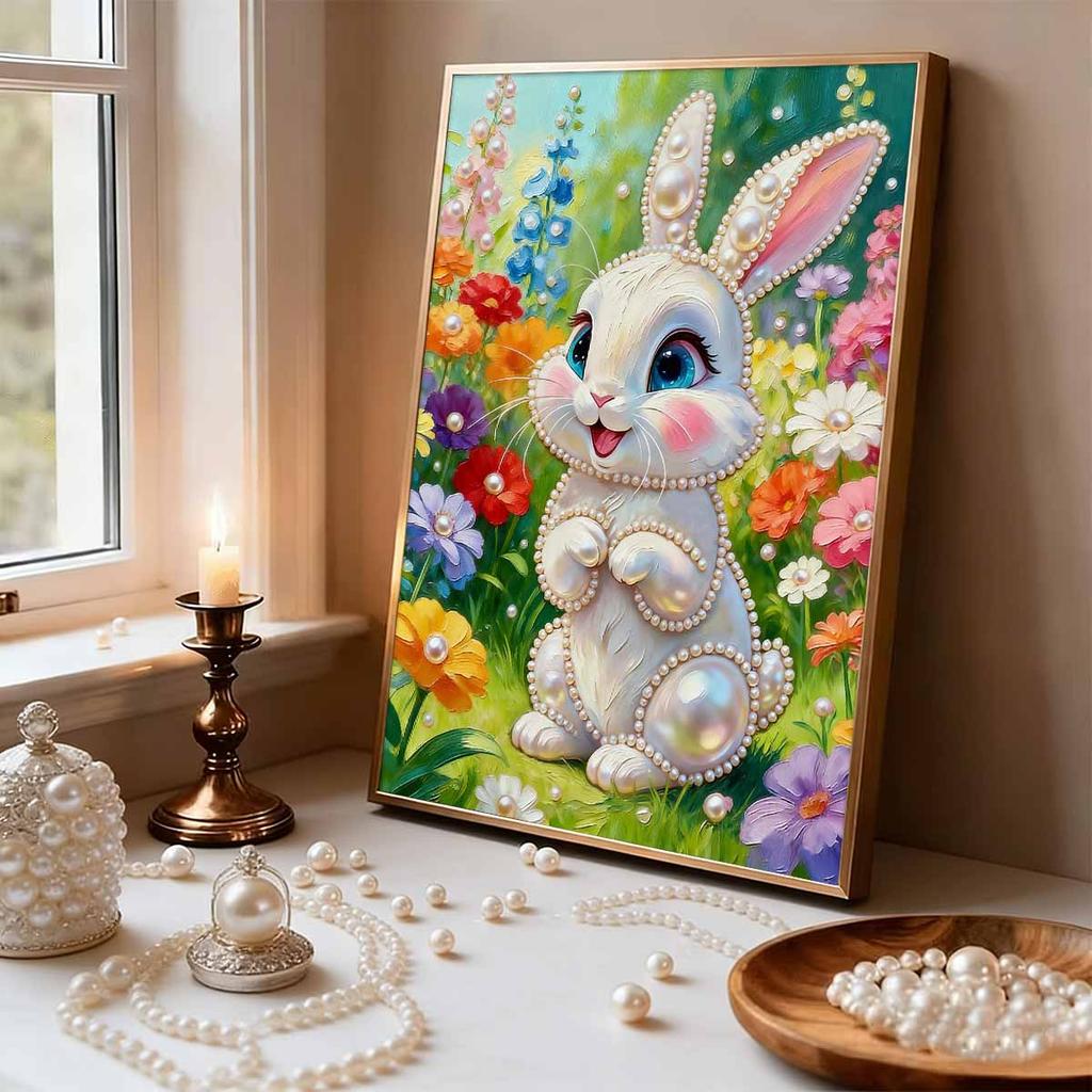 DIY Cute Little Rabbit Pearl Diamond Art Painting Kits for Adults and Beginners, Fine View Sparkling Painting Craft Home Wall Decor Handmade Gift
