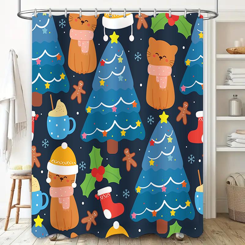 Charming Christmas Cat Trees Bath Curtain Set For Home Decoration Multicolored Shower Curtains