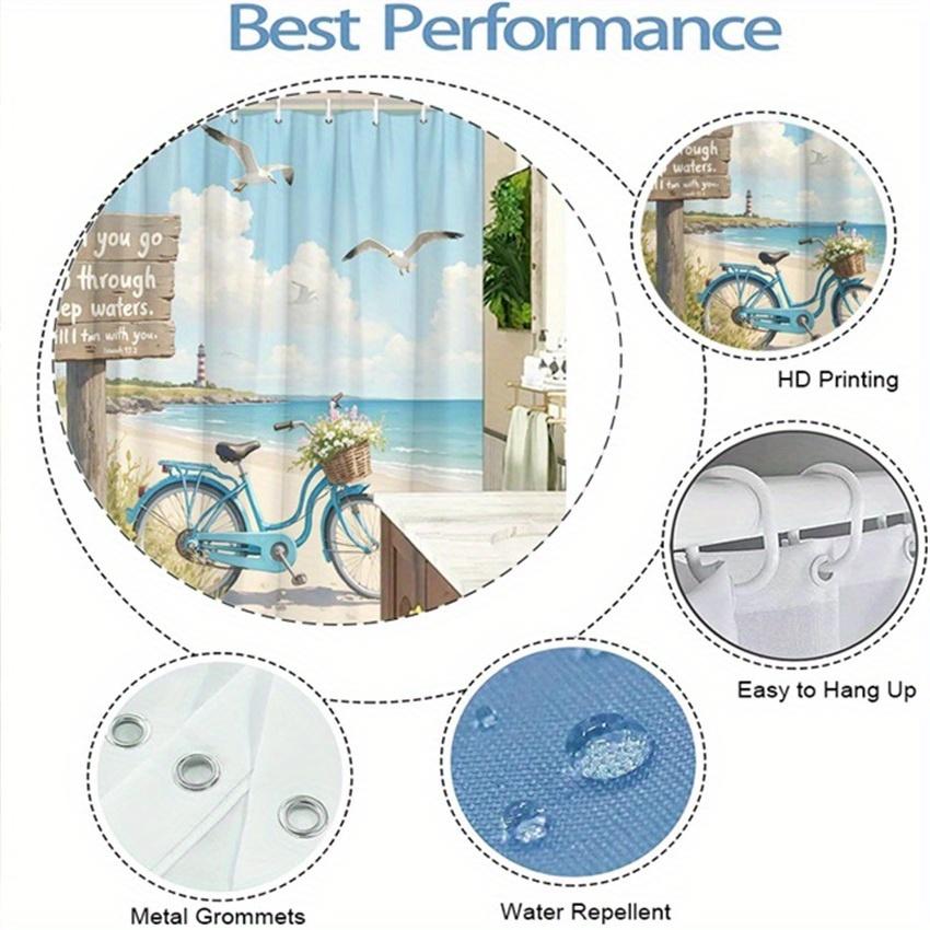 Beach-Themed Shower Curtain with Bible Verse-Blue Bicycle & Lighthouse, Polyester,Tranquil Ocean & Faith-Inspired Bathroom Decor
