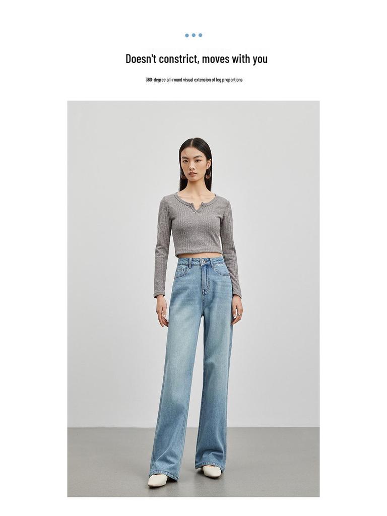 Shi Lin 2026 High-Quality Korean Style High-Waist Wide Leg Light Blue Floor-Length Jeans.