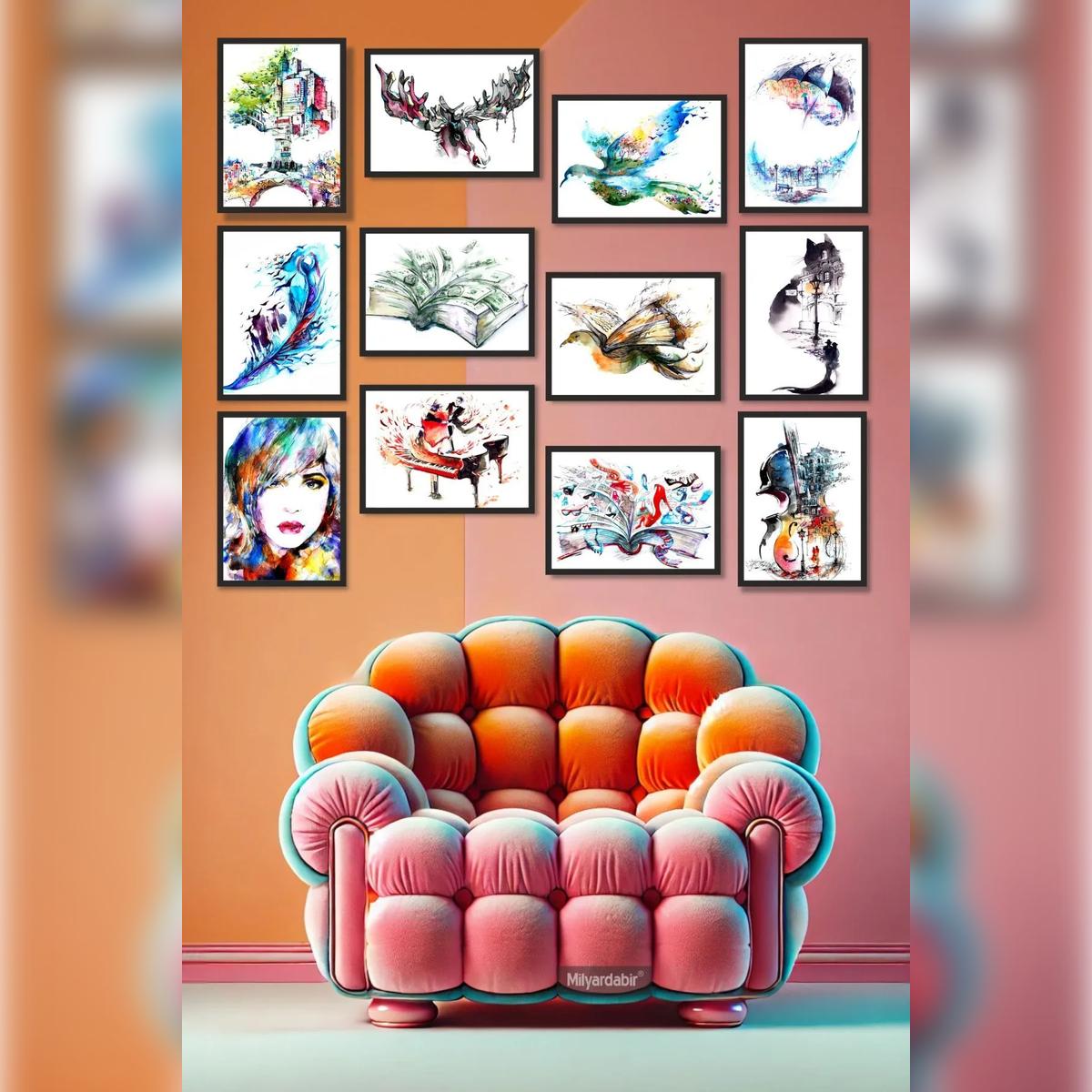 

12-Piece Poster Set with Cat & Bird Illustrations – Add an Artistic Touch to Your Home!