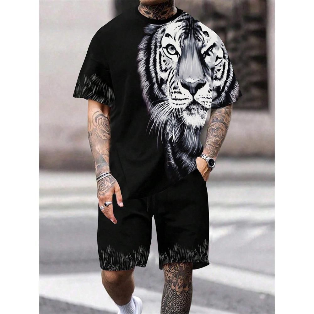 2024 New Crew Neck Short Sleeve T-shirt Fashion Shorts Set 3D Lion Print Short Sleeve Shorts 2-piece Men's Summer Sports Set