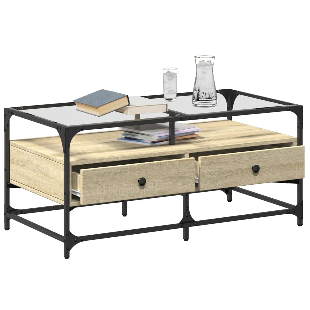 Coffee Table with Glass Top Sonoma Oak Finish 98.5 X 50 X 45 Cm Steel