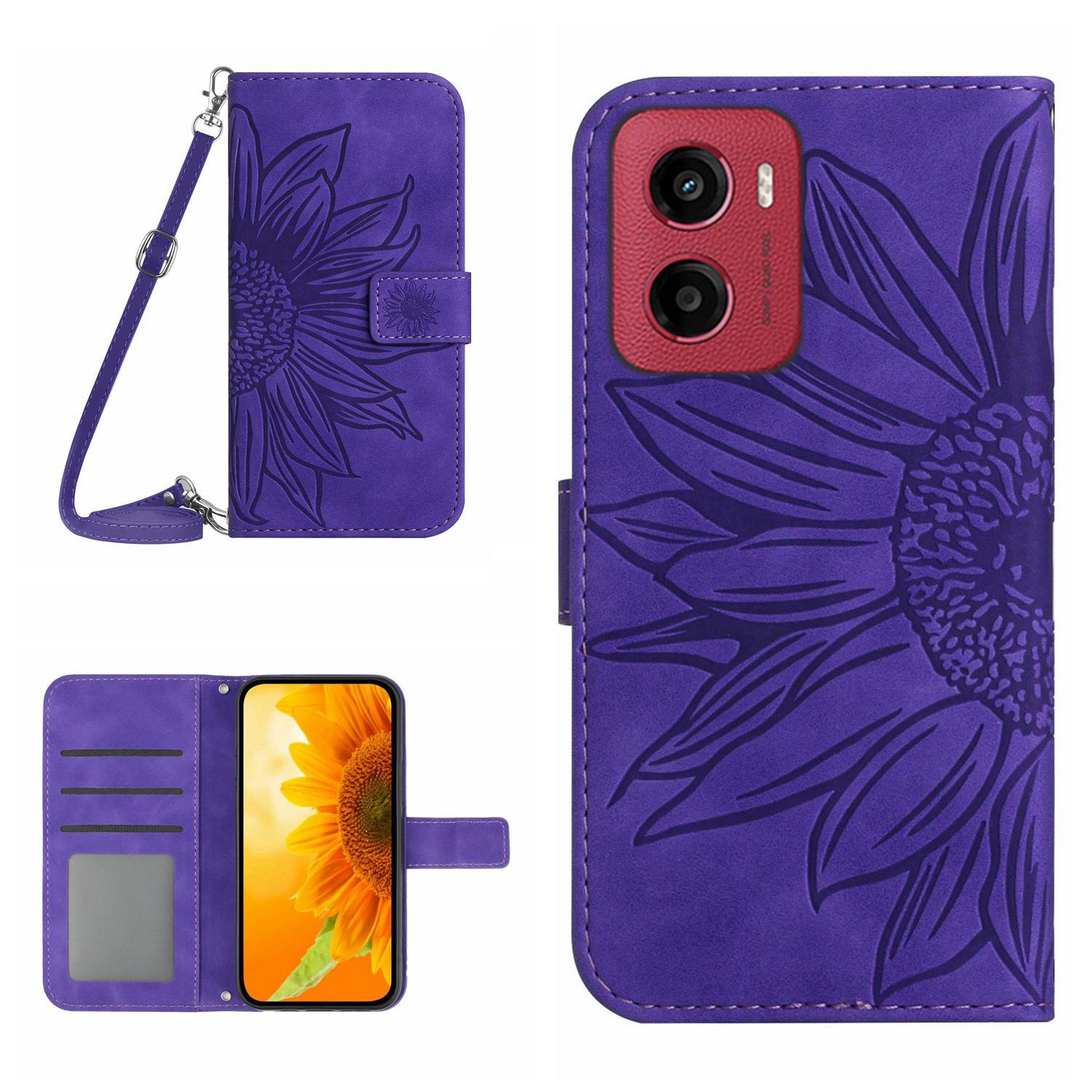 

For Motorola Moto G05 4G Case Sunflower Imprint PU Leather Phone Cover with Long Strap Dark Purple