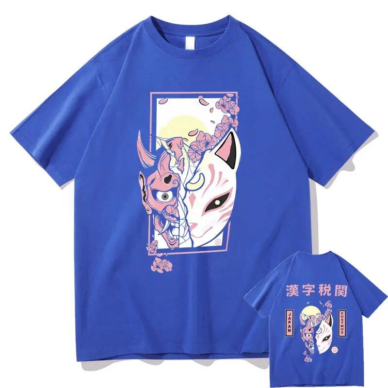 Hannya Mask T Shirts Futuristic Kitsune Mask Graphic T-shirt Japanese Anime Tees Kitsune Streetwear Fox Tshirt Unisex Manga Tops