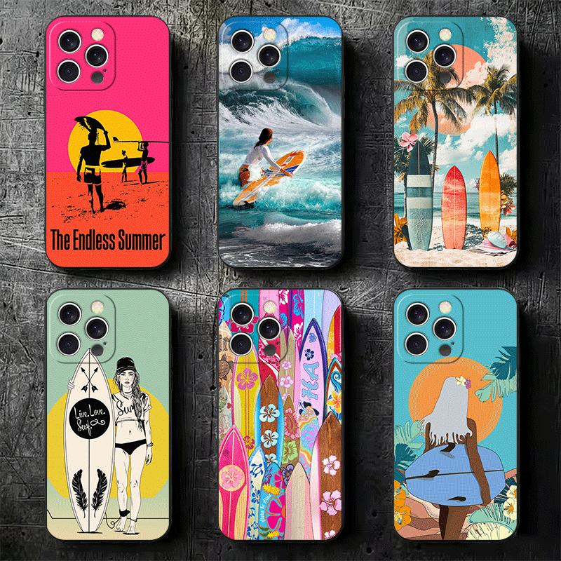 Surfboard Surfing Surf Summer Soft Phone Case for iPhone 16 16E 17 Air 15 Pro Max 14 Plus 13 Mini 11 12 7 Black Cover Back Shell