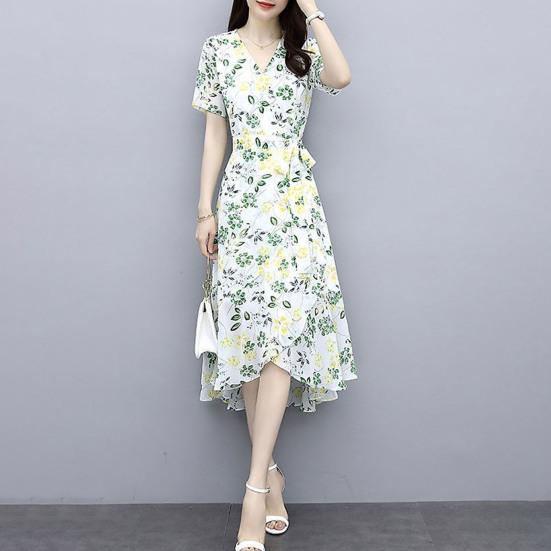 Květinové šaty pro ženy Výstřih do V Krátký rukáv Splývavé Zavinovací Midi šaty Volány Nepravidelný lem Áčkový střih Plážové Prázdninové šaty