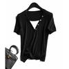 Women's Fake Two-Piece Ice Silk Knitted Top Elegant Stylish Short-Sleeve V-Neck Striped Solid Color T-Shirt