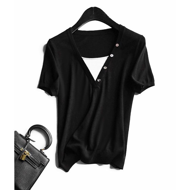 Women's Fake Two-Piece Ice Silk Knitted Top Elegant Stylish Short-Sleeve V-Neck Striped Solid Color T-Shirt