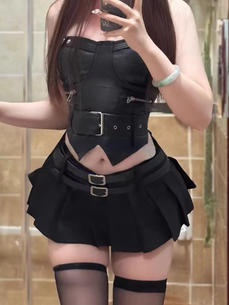 

Sweet Y2k, новый комплект из 2 предметов, женский дизайн, сексуальный винтажный костюм с юбкой, женский корейский кожаный топ без рукавов + тонкая мини-юбка с высокой талией