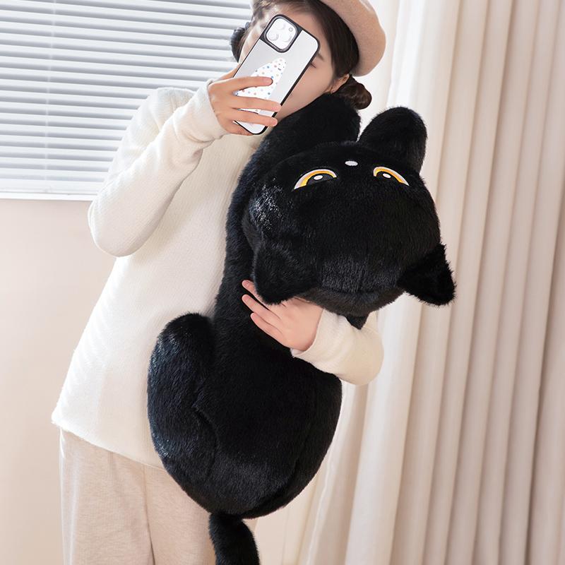 Black Cat Plush Pillow Soft Doll Stuffed Lying Cat Cushion Cute Sleeping Cat Design Lovely Birthday Gift Idea for Cat Lovers