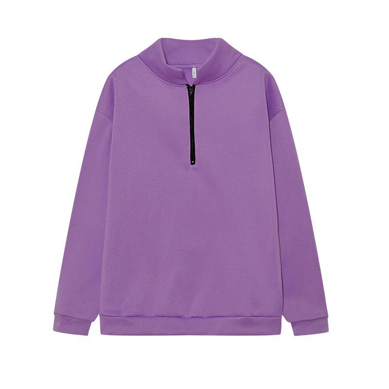 Women's Semi-Zip Loose Pullover Sweatshirt Casual Long Sleeve Hooded Top in Purple/Red/Black/White