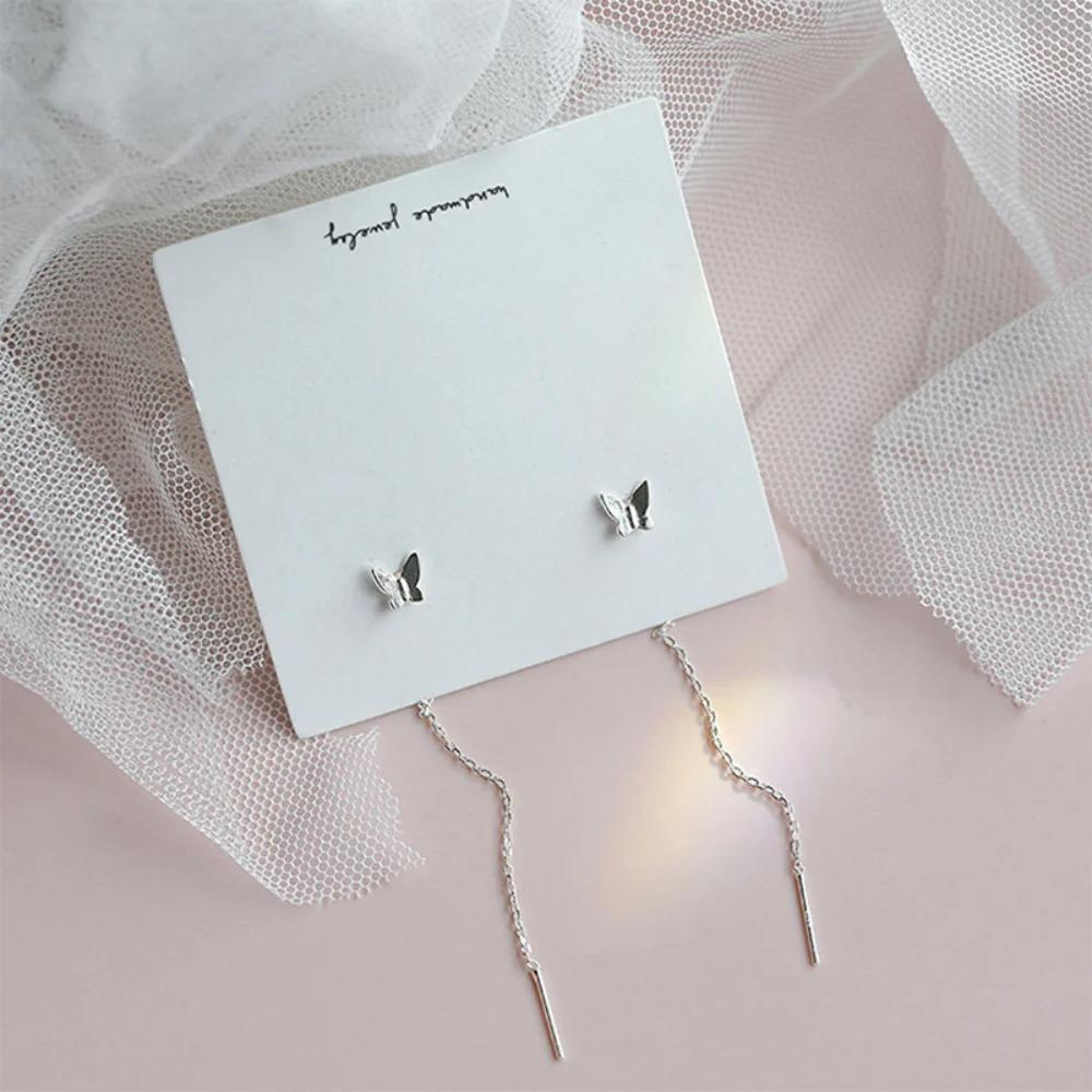 Korean Fashion Long Tassel Butterfly Drop Earrings for Women Simple Silver Color Straight Hanging Earrings Summer Jewelry Gifts