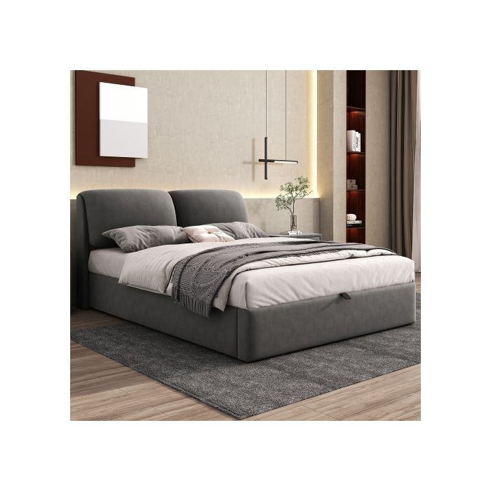 Lit - MUVOE - 140x200 - Tiroirs de rangement - Tête de lit en velours - Design hydraulique