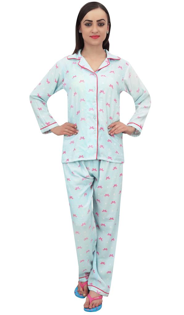Bimba Sky Blue Gift Ribbon Print Women Shirt With Pajama Pants 2 Pcs Nightwear -