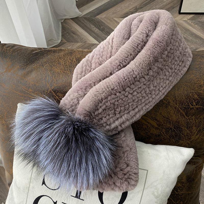 Luxury New Rex Rabbit Fur Long Scarf Mufflers Soft Thick Shawl Neck Ring for Women Silver Fox Fur Pompoms for Winter