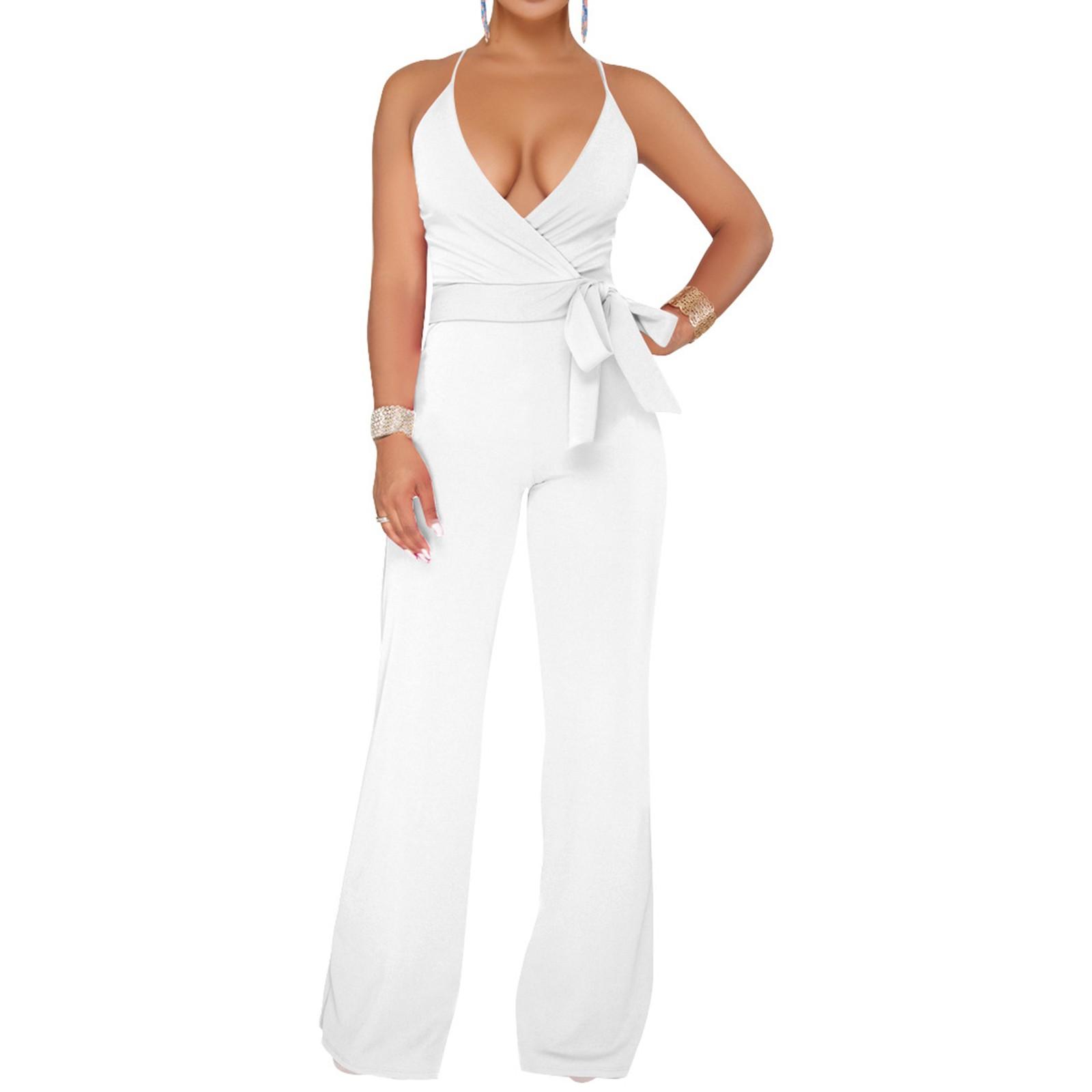 

Женский летний комбинезон, элегантный сексуальный боди без рукавов, повседневные широкие брюки XL белый