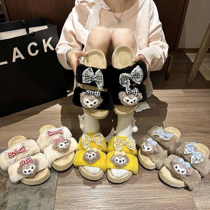 Sweet and cute Shirley Rose cotton slippers women's home winter non-slip soft-soled plush slippers flat-soled fluffy shoes