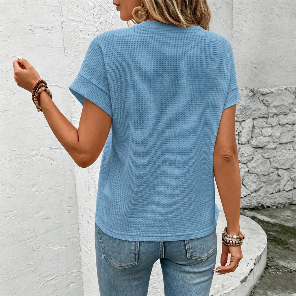 Women's Knit Neck Short Sleeve T-Shirt Color Casual Top