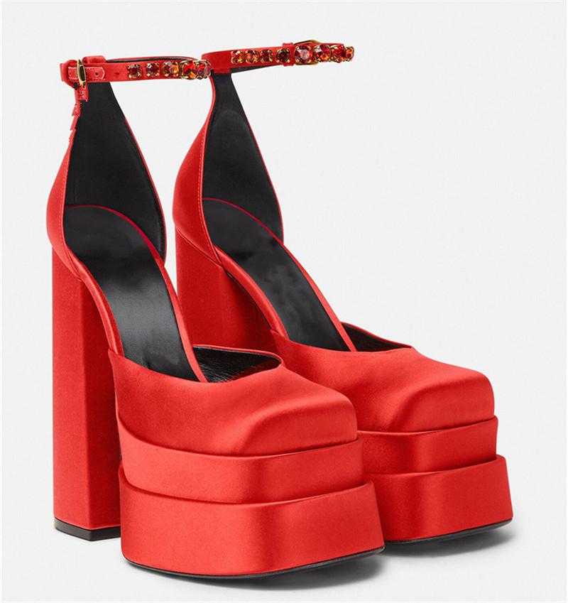 Escarpins pour femmes Nouveaux Sexy Talons Hauts Épais Plateforme Chaussures de Robe Fête Chaussures de Mariage Boucle Strass Taille 43