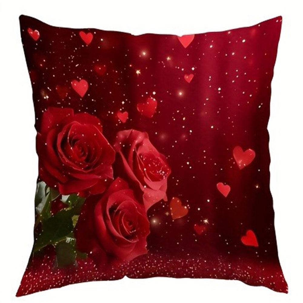 Red Rose and Love Heart Pattern Home Decor Pillow Cover Living Room Sofa Polyester Cushion Cover with Zipper