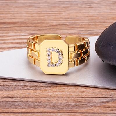 New Arrival Fashion Gold Color Initial Ring Open Design Adjustable Hot Sale Watchband Chain A-Z Letters Zircon Rings For Women
