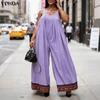 VONDA Women Summer Sleeveless Print Hem Casual Long Holiday Jumpsuits Overalls