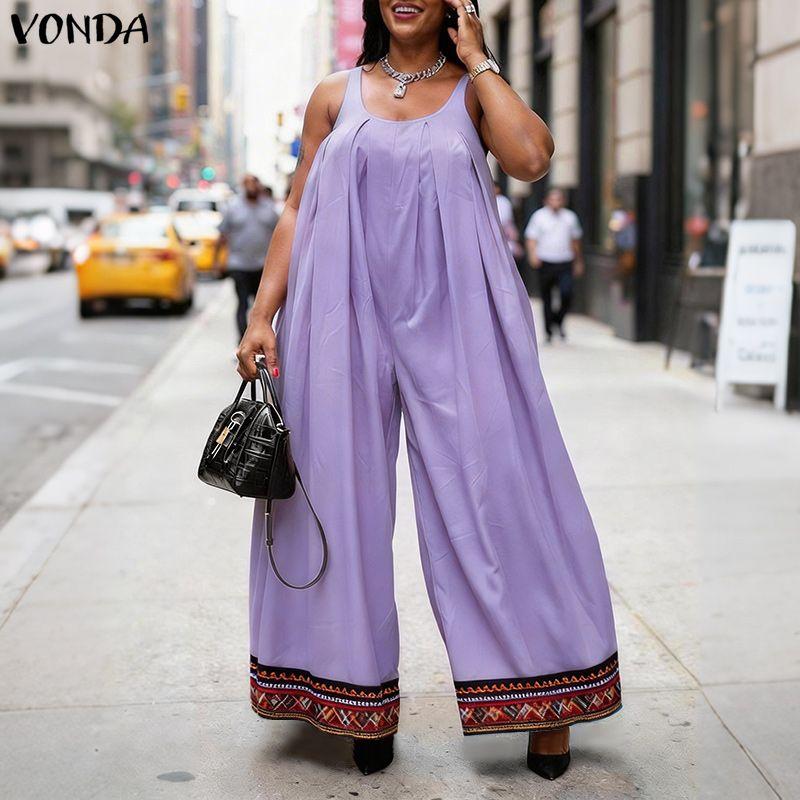 VONDA Women Summer Sleeveless Print Hem Casual Long Holiday Jumpsuits Overalls