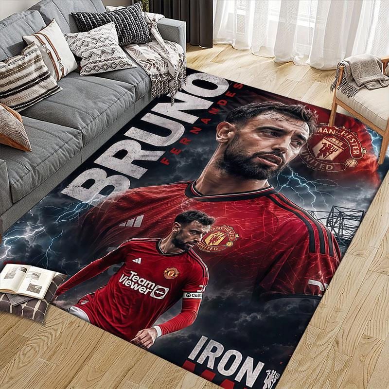 Bruno Fernandes Flannel Printed Carpet, Home Sofa Decoration for Living Room & Bedroom, Non‑Slip Play Flannel Floor Mat for Game Room