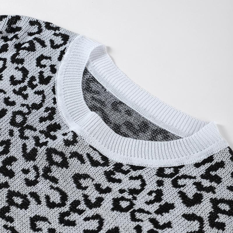 Pull à col rond pour femme Court Imprimé léopard Tricoté Haut à la mode et décontracté Pull Jumper Chemise de fond Automne et Hiver