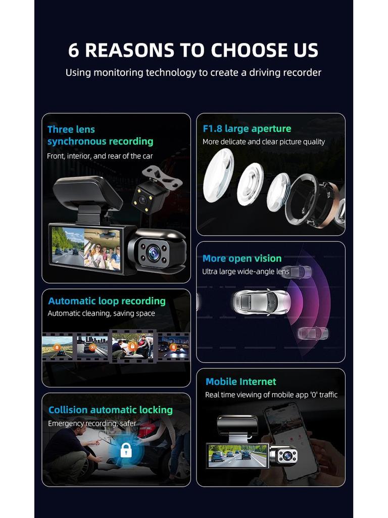 2K Dual-Lens HD Dash Cam with Interior Recording, Night Vision, and WiFi