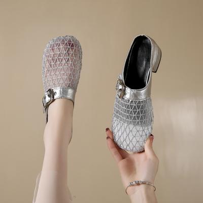Aphixta 3.5cm Med Heels Elegant Women Slides Silver Mesh Heeled Sandals Metal Buckle Slides Sexy Woman Shoes Plus Size 44