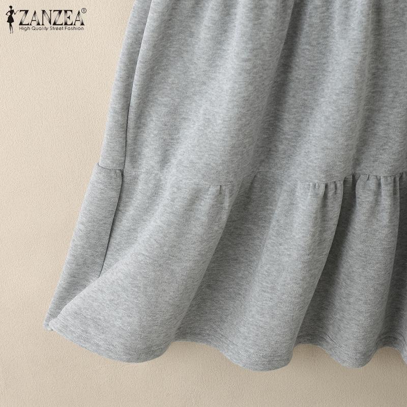 ZANZEA Kvinner Casual Rund Hals Løs Langermet Høst Vinter Lang Kjole