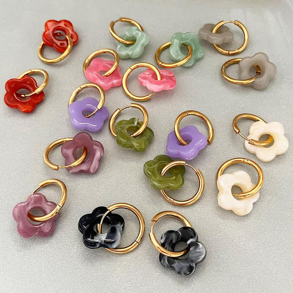 18K Gold Plated Colorful Flower Hoop Earrings - Retro Stainless Steel Jewelry for Women.
