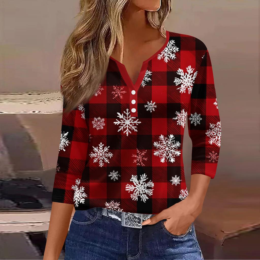 Maglietta Top da Donna Moda Casual Stampa Albero di Natale Scollo a V Bottone Decorativo Manica a Tre Quarti