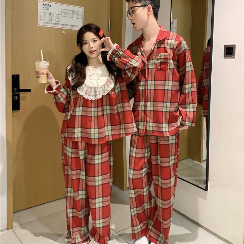Korejské párové červené kostkované krajkové pyžamo s dlouhým rukávem